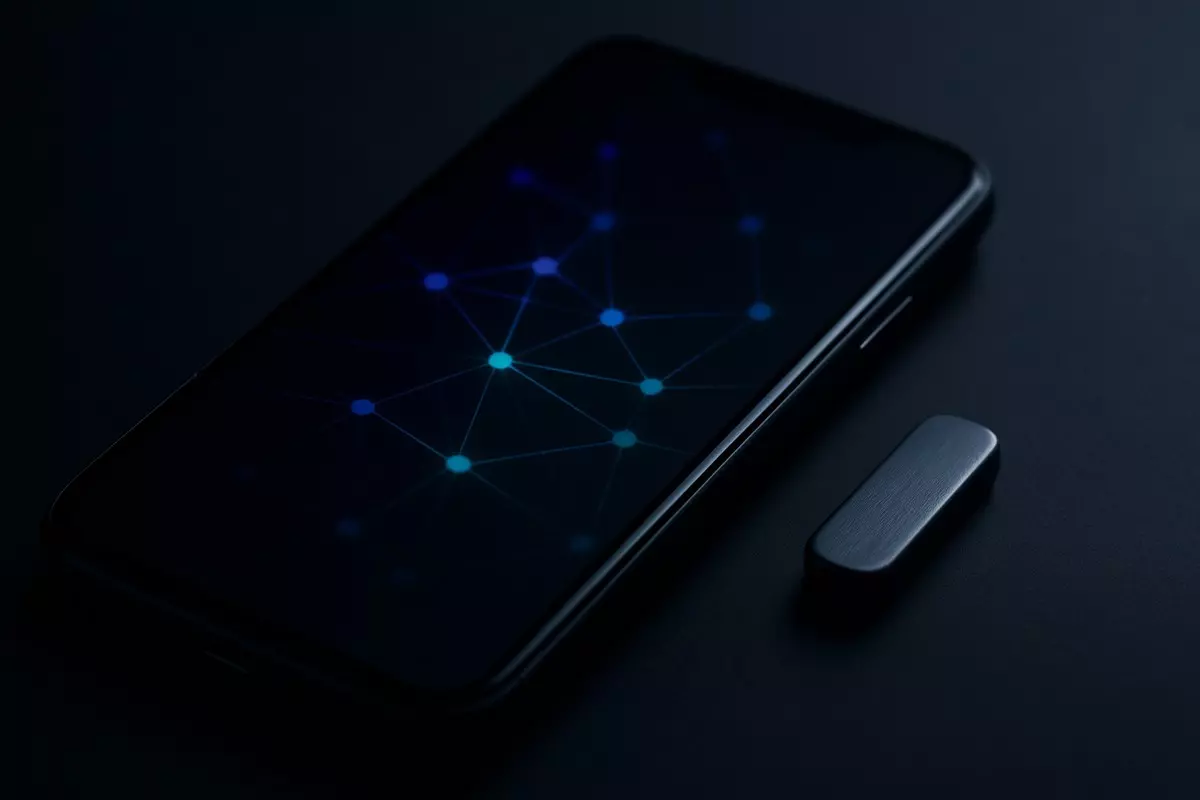 A smartphone showing an abstract neural network of glowing nodes, illustrating AI features worth building into a custom app