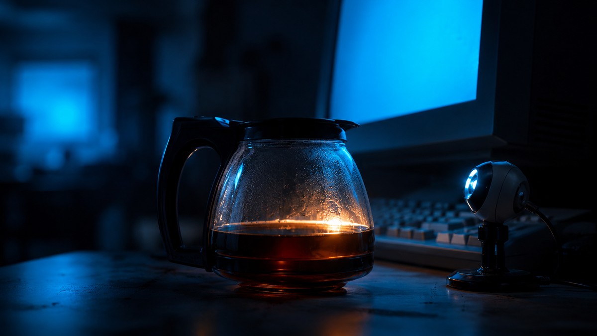 Vintage glass coffee pot glowing warm on a desk beside an early webcam in cold blue light
