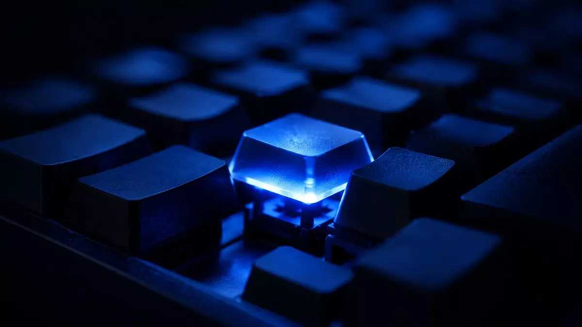 Close macro of a mechanical keyboard with the Caps Lock key glowing electric blue in dark indigo, a cue to remap Caps Lock