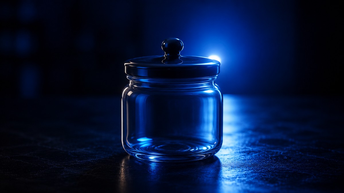 A single glossy glass jar lit dramatically against a dark indigo background