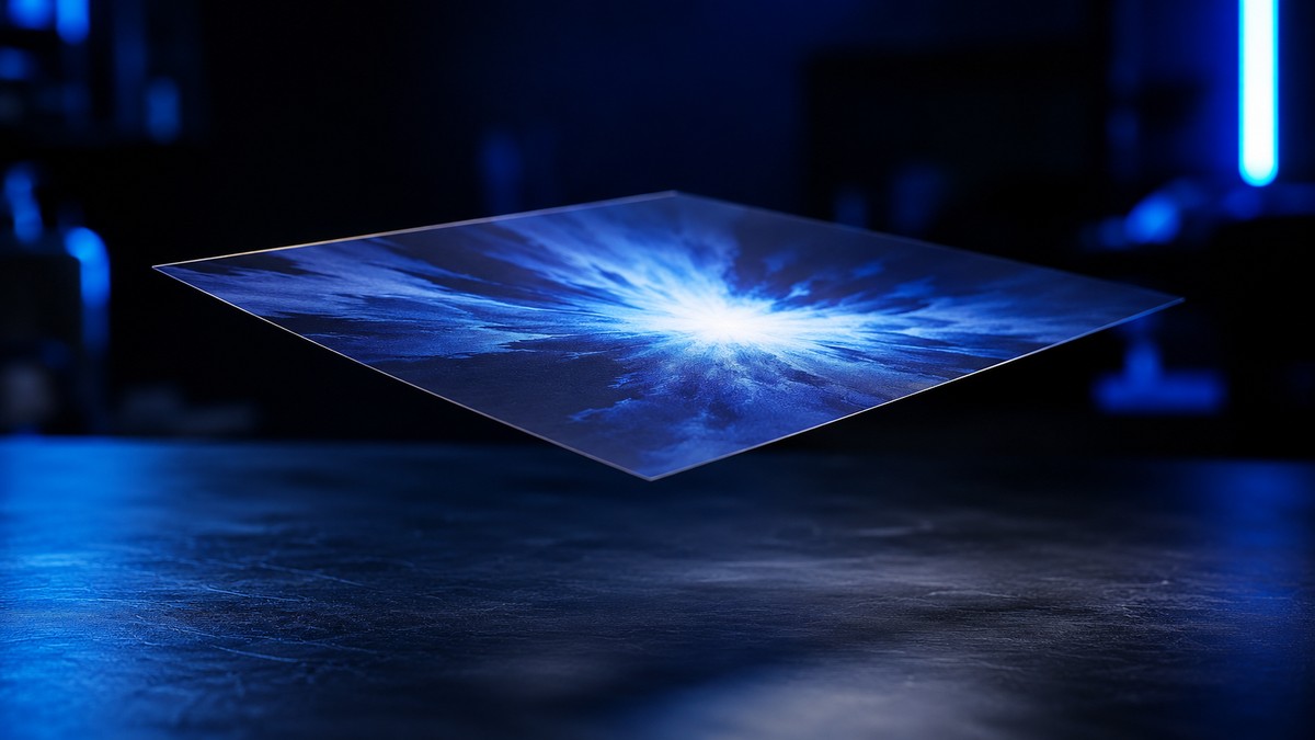 A single crisp sheet of paper frozen mid-air, lit against a dark indigo background