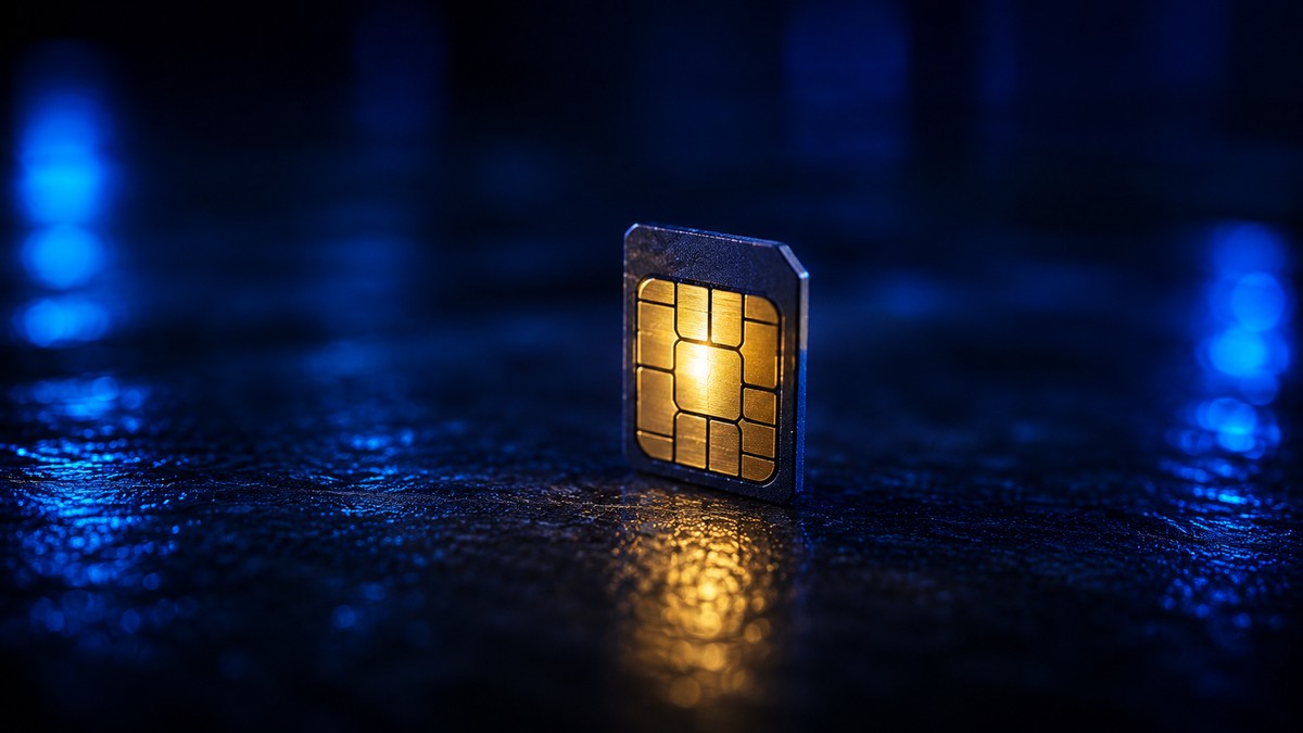 A tiny gold SIM chip standing on a dark reflective surface with light on its contacts