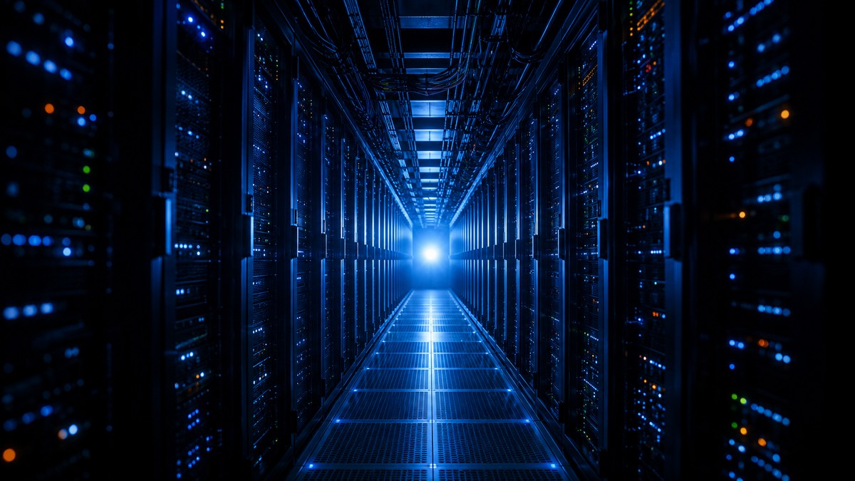 A corridor of glowing server racks in a data center, showing where the cloud actually lives