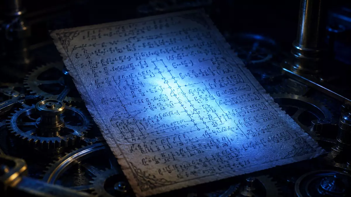 Handwritten algorithm on aged paper atop brass mechanical gears, lit in indigo and blue, evoking the first computer program