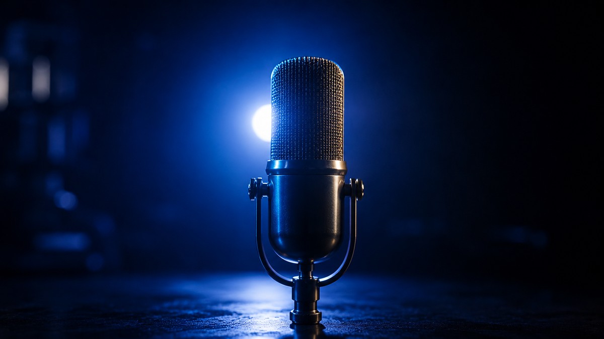 A single studio microphone lit against a dark indigo studio background