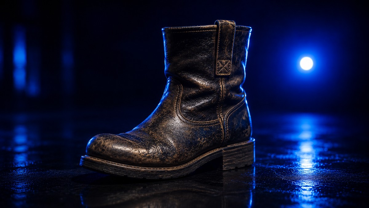 A single leather boot with a heel pull strap glowing in blue light, a nod to the origin of booting up a computer