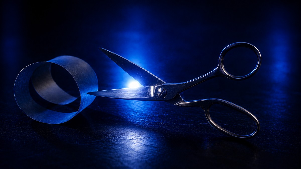 A single pair of steel scissors and a curled paper strip lit against a dark indigo background