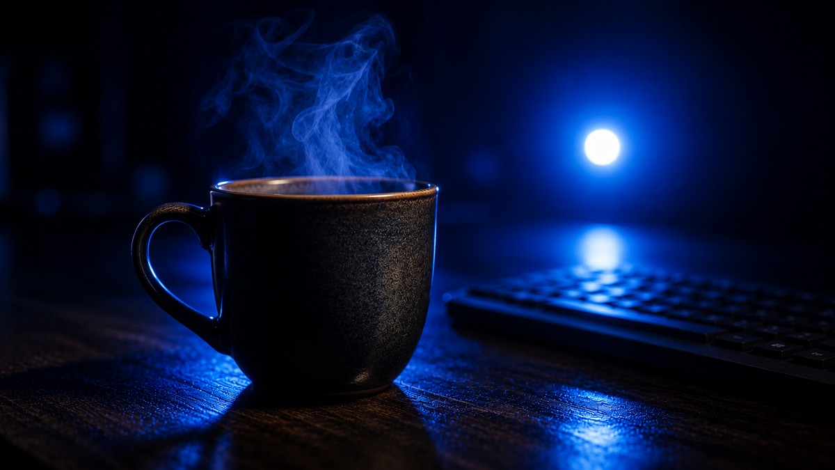 A steaming cup of coffee beside a keyboard in blue light, nodding to how the Java language got its name