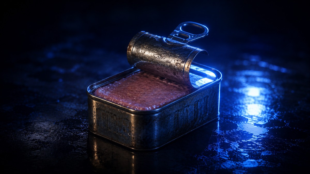 A single vintage tin of canned meat lit dramatically against a dark indigo background