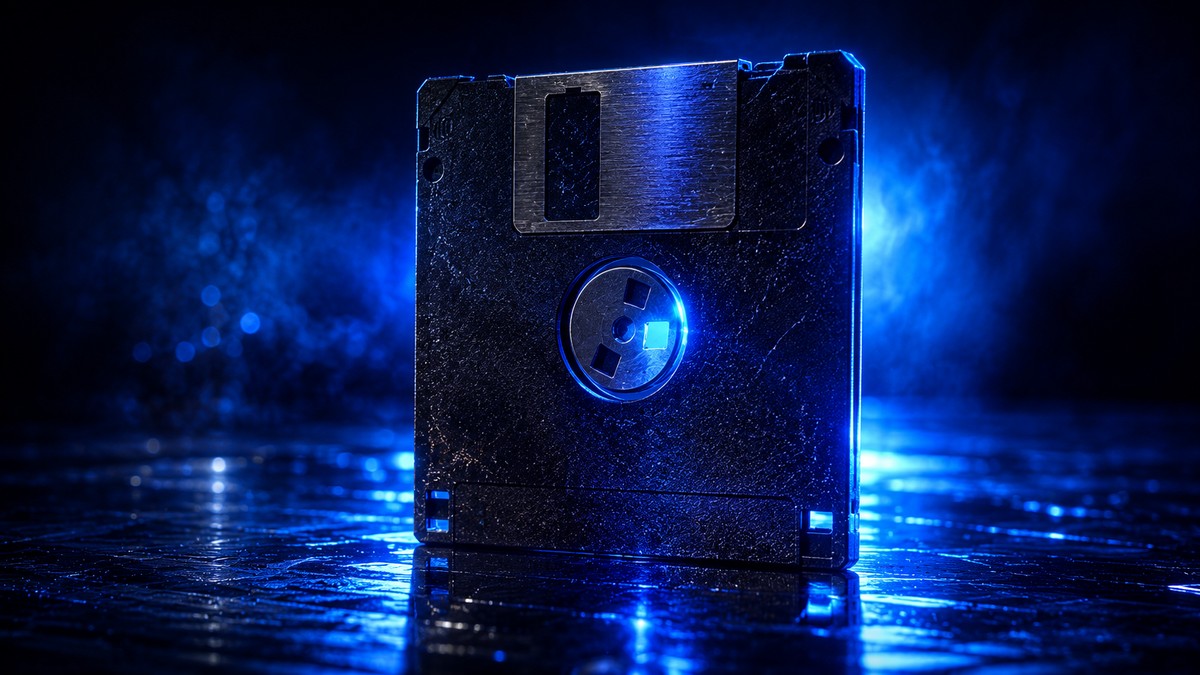 A single vintage floppy disk lit dramatically against a dark indigo background