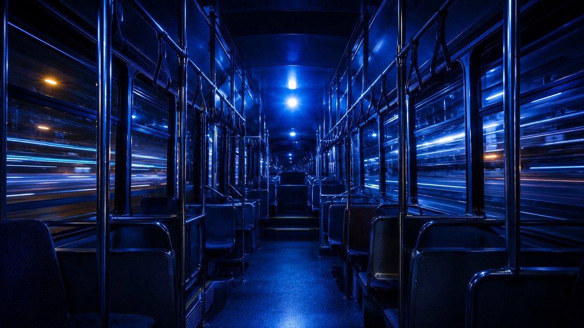 The interior of an airport shuttle bus in blue light, a nod to the Hawaiian shuttle that gave the wiki its name