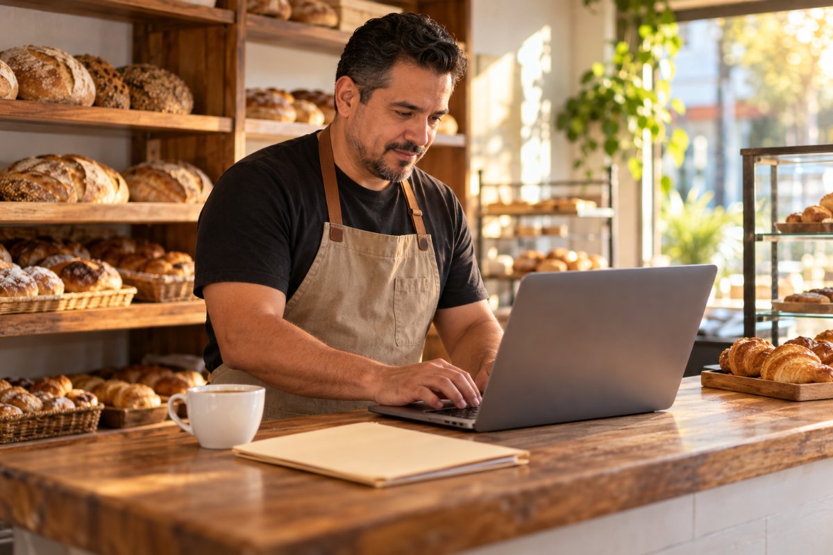 AI knowledge cutoff fix: a bakery owner types his hours and prices into a laptop at the counter