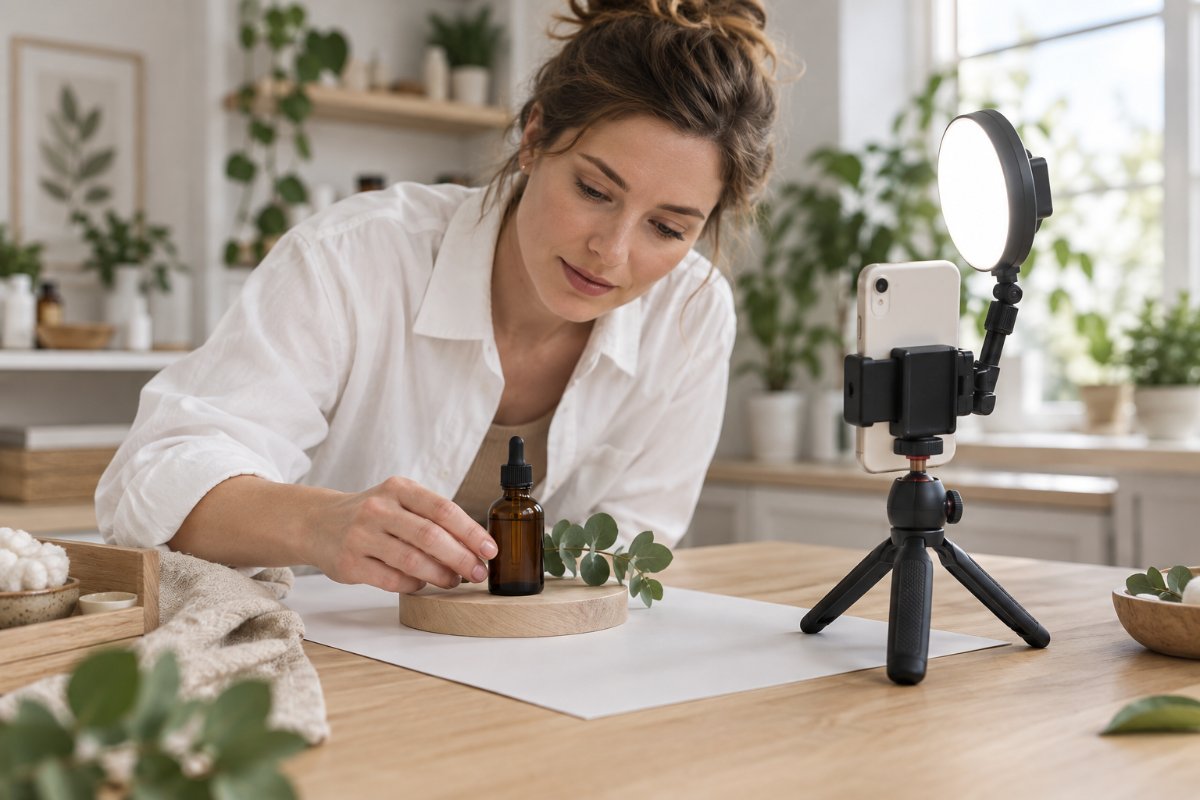 AI video ads: an online store owner films a skincare product with a phone on a small tripod