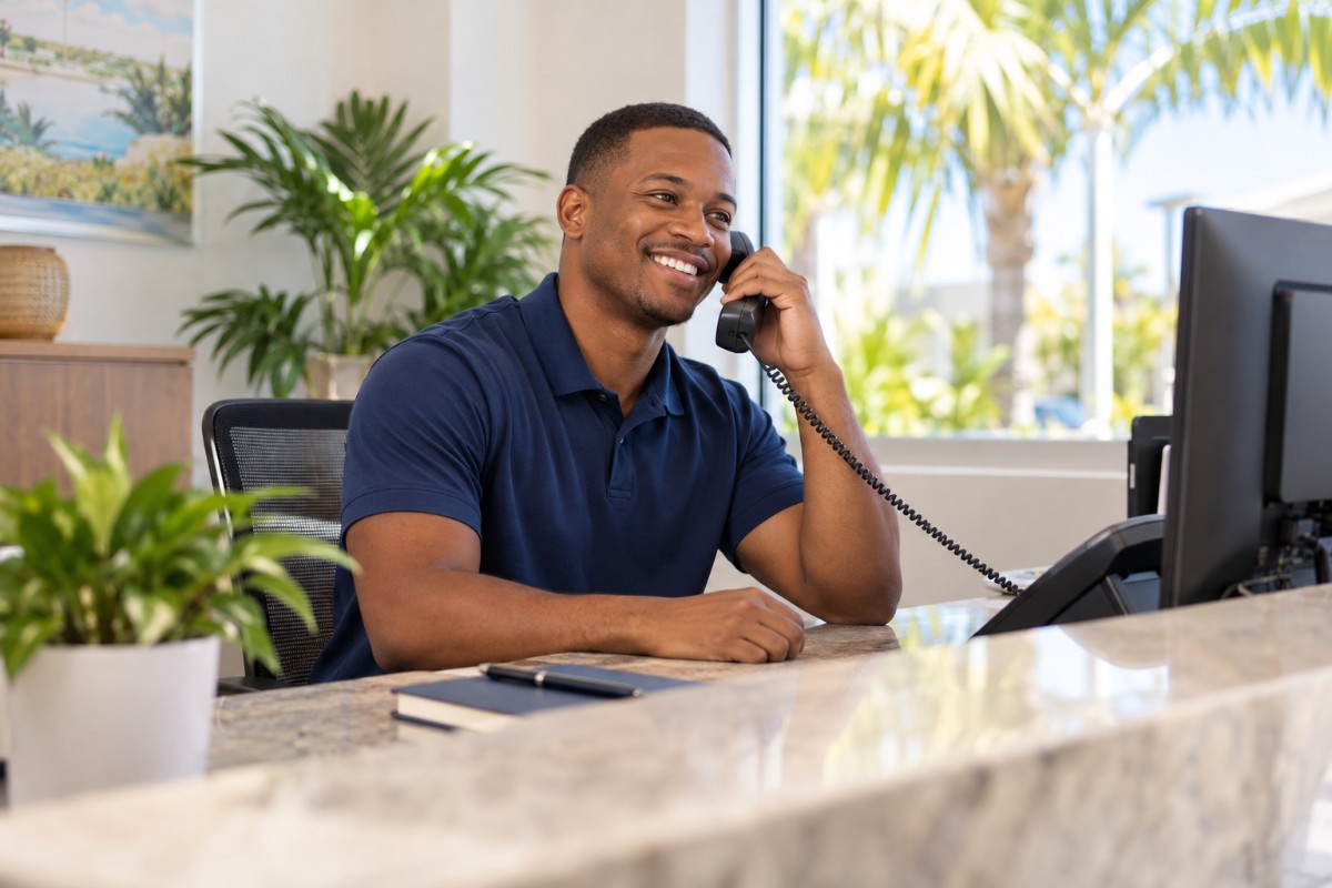 A front desk receptionist at a small Florida service business answers the phone, the person behind a strong call answer rate