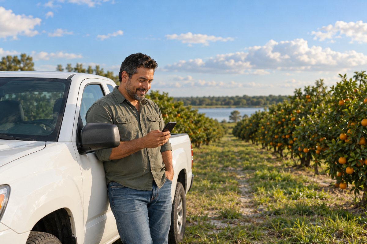 Haines City contractor checking his phone by an orange grove, a local business served by app developer Built by Buit