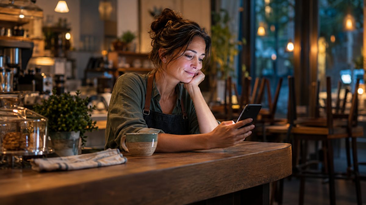 How AI chatbots work: a cafe owner checks her phone after closing