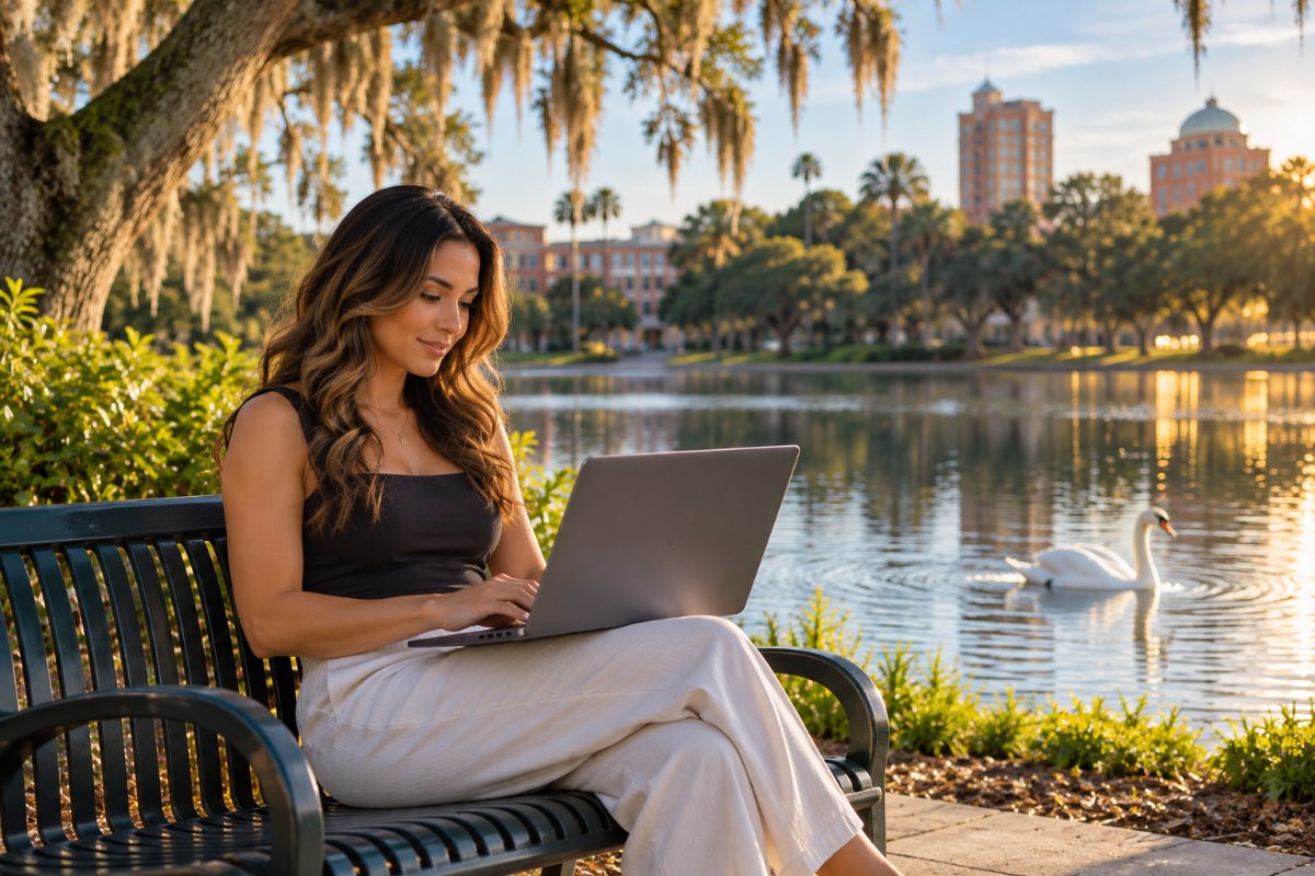 Lakeland business owner working on a laptop by a lake with a swan, served by app developer Built by Buit