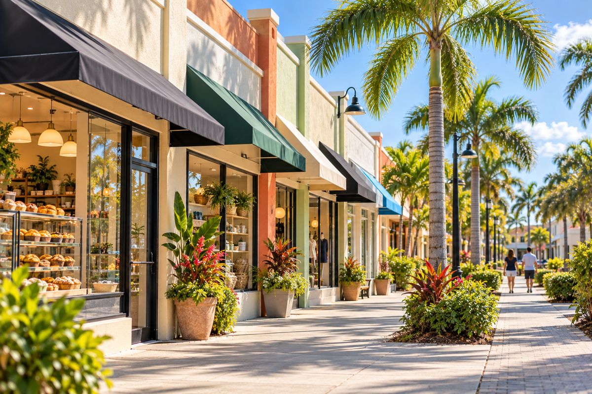 Sunny sidewalk lined with small family-owned shops and palm trees in Miami-Dade County