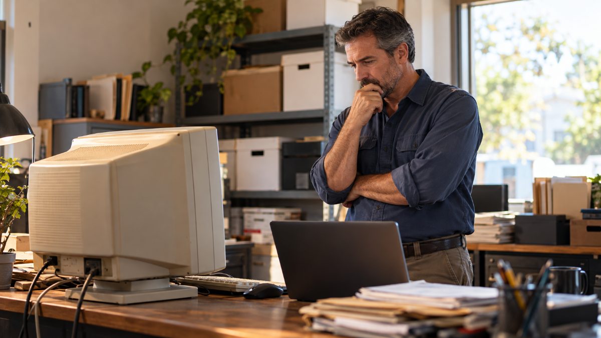 Old business software: an owner weighs an old desktop computer against a new laptop