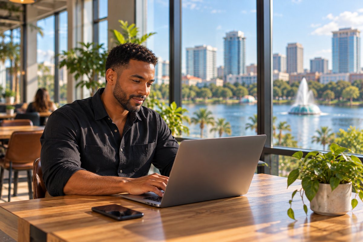 Orlando startup founder working on a laptop with a lake fountain view, served by app developer Built by Buit