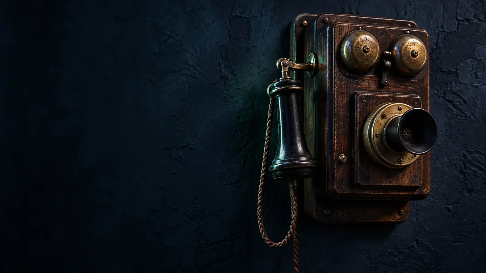 Antique wooden wall telephone with its earpiece hanging on the hook, the reason why we say hang up